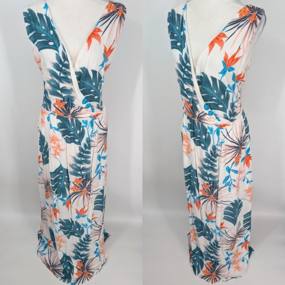 Gibson Latimer White Blue Green Orange Tropical Floral Maxi Dress Large NWT